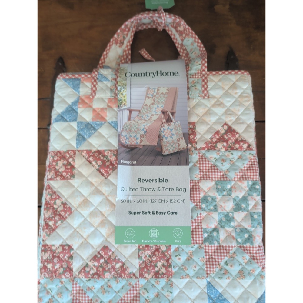 Country Home Reversible Quilted 50x60 Floral Star Print Throw Blanket & Tote Bag